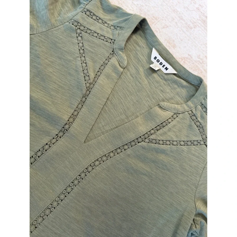 Boden Olive Green Cotton Slub Lace Trim V-Neck Puff Sleeve Top US 2 T2079